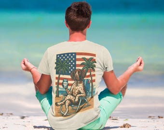 Patriotic Beach Dog Shirt: Americana Pointer Pup Tee, Summer Palm Tree Graphic