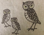 3 Vintage MCM Owl Family Silkscreened Leona Caldwell Originals Fabric Pieces Owl Family Fabric Pieces for Quilting, Crafting, Sewing Project