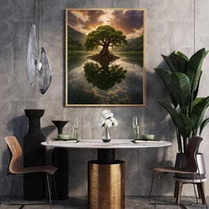 Puede incluir: Una impresión artística enmarcada representa un gran árbol con raíces expuestas en un lago sereno, reflejando el cielo y las nubes. La obra de arte se exhibe en una habitación con una mesa de comedor moderna, sillas y una gran planta en maceta. La paleta de colores incluye verdes, marrones y azules.