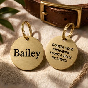 May include: Two circular brass pet tags with gold-toned split rings. The left tag features the name Bailey in black text. The right tag features the black text DOUBLE SIDED ENGRAVING FRONT & BACK INCLUDED. A brown leather collar is positioned above.