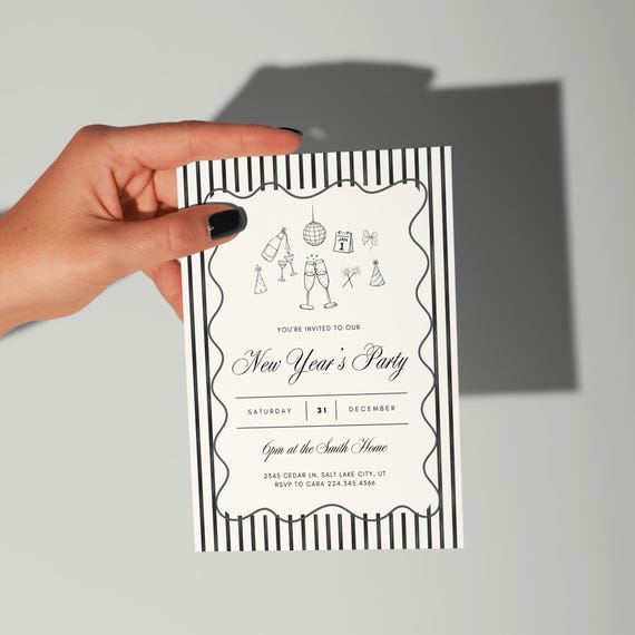 Vintage New Years Eve Invitation Template, Elegant Black & Cream NYE Party Invite, Editable Canva New Year Party Invitation