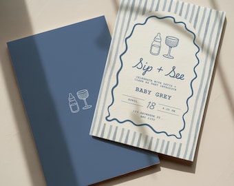 Invitación a rayas azules "Sip and See", plantilla moderna de Canva