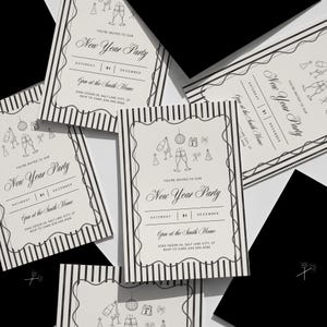 Set of vintage New Years Eve party invitations with black and cream striped border design