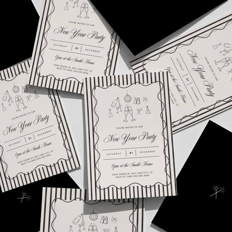 Set of vintage New Years Eve party invitations with black and cream striped border design