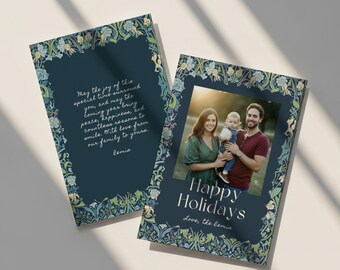 Vintage Botanical Holiday Photo Card – Editable Canva Template
