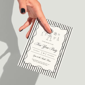 Editable NYE party invitation with vintage black and white design, Canva template