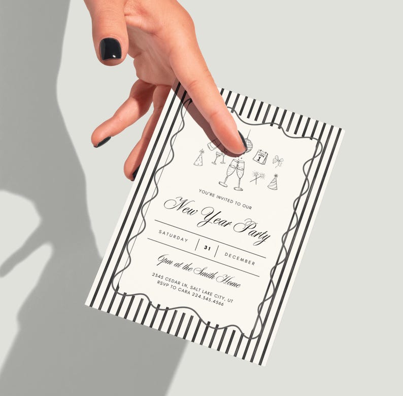 Editable NYE party invitation with vintage black and white design, Canva template