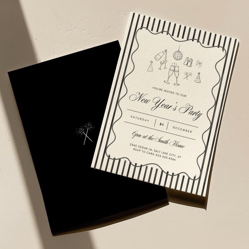 New Years Eve invitation front and back shown with minimalist black envelope