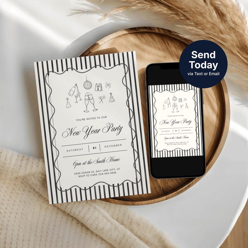 Editable New Years Eve invitation template displayed on phone and printed card, instant Canva download