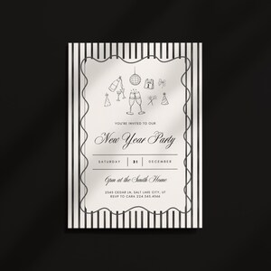 Elegant New Years Eve party invitation featuring vintage typography and hand drawn festive illustrations