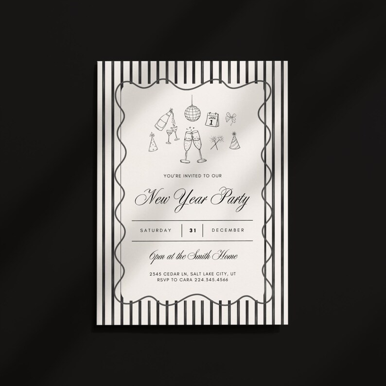 Elegant New Years Eve party invitation featuring vintage typography and hand drawn festive illustrations