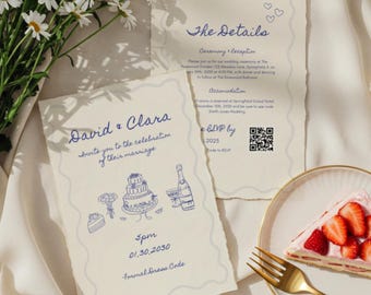 Plantilla de invitación de boda dibujada a mano: Diseño elegante con garabatos y código QR para confirmar asistencia (descarga digital)