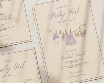 May include: Baby shower invitations with a soft, cream background and a lavender border. The text reads "A Sweet Baby Girl Is On Her Way" with illustrations of baby clothes and a butterfly. The invitation is for Delilah Clark.