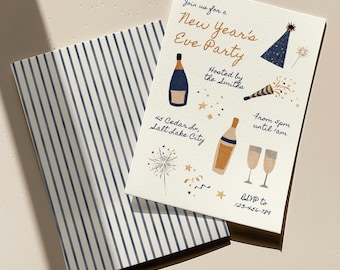 Plantilla de invitación para fiesta de Año Nuevo, invitación digital editable en Canva de 5 x 7 pulgadas