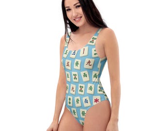 Mahjong Tile Print One-Piece Swimsuit, Scoop Neckline