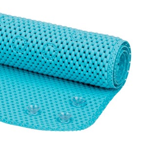 May include: A rolled-up, turquoise blue bath mat with a textured, woven pattern. The mat features circular designs and clear suction cups on the underside for secure placement. The mat is made of a flexible, waterproof material.