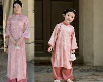 Matching Mother and Daughter Modern Vietnamese Ao Dai – Pink Two Panel Silk Tunic Set