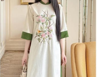 Women’s Modern Ao Dai Dress – Premium Linen Silk with Exquisite Embroidery