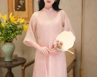 Modern Floral Print Ao Dai Loose Fit Mid Sleeve Pearl Detail Elegant Vietnamese Dress ADTA036
