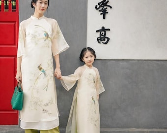 Matching Mother and Daughter Ao Dai – Modern Vietnamese Tet Dress, Four Panel Organza with Embroidered Raised Details