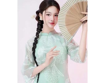 Modern Vietnamese Ao Dai Sheer Voan Silk Dress Floral Embroidery 4 Panel Flared Sleeve Elegant Tet Wedding Outfit