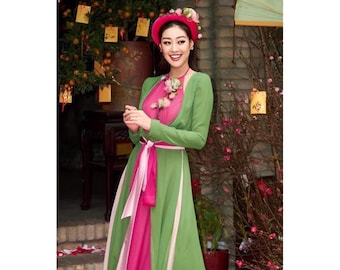 Vietnamese Ao Tu Than Set Traditional Four Panel Dress Festival Performance Costume