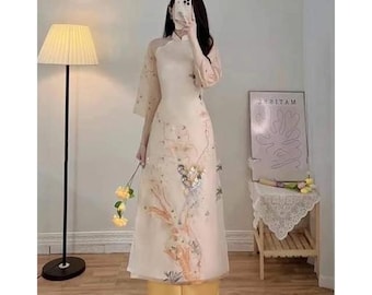 Modern Beige Yellow Ao Dai 3D Floral Embellished Elegant Vietnamese Dress Contemporary Style