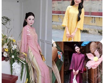 Modern Vietnamese Ao Dai Silk Dress 4 Panel Loose Fit Flared Half Sleeve Pants Set Elegant Tet Festival Outfit