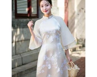 Modern Vietnamese Ao Dai Brocade Floral Embroidery Dress Fitted 2 Panel Flared Sleeve Soft Elegant Tet Wedding Outfit