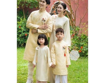 Vietnamese Family Ao Dai for Lunar New Year – An Khang Design in Premium Brocade with Floral Woven Pattern