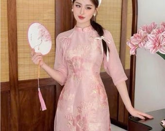 Modern Silk Brocade Ao Dai Fitted Style 4 Panel Dress Pearl Detail High Neck Elegant Vietnamese Outfit