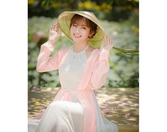 Vietnamese Ao Tu Than Pink Traditional Dress Set for Lotus Photoshoot Festival Performance Outfit