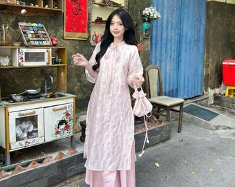 Modern Vietnamese Ao Dai Tulip Floral Dress Loose Fit Bow Detail Elegant Long Dress Women Tet Wedding Outfit