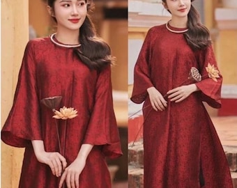 Modern Vietnamese Ao Dai Red Brocade Dress Loose Fit Half Sleeve Ready to Wear Elegant Tet Wedding Outfit