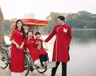 Red Vietnamese Family Ao Dai – Modern Matching Outfit in Premium Shimmering Taffeta Fabric