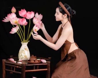 Brown Vietnamese Yem Dup Set Traditional Costume with Headpiece Festival Performance Outfit