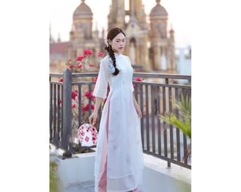 Multicolor Floral Embroidered Women Ao Dai 4 Panel Sheer Overlay Elegant Vietnamese Dress Tulip Inspired Design C17
