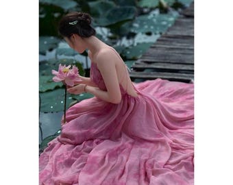 Yếm Hồng Loang Nghệ Thuật – Pink Ombre Vietnamese Yếm Dress for Lotus Photoshoot