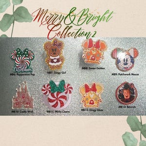 May include: A collection of decorative holiday-themed accessories, including gingerbread characters, peppermint designs, and a castle. The text "Merry & Bright Collection 2" is displayed at the top. Each accessory has a unique design and name.