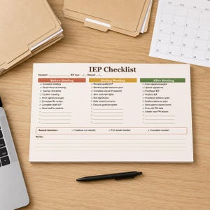 May include: A rectangular IEP Checklist notepad with a cream background. The header includes fields for student, IEP due, and reeval dates. Three columns labeled Before Meeting, During Meeting, and After Meeting contain checkboxes and lines for notes.