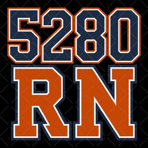May include: A graphic design on a black background features the numbers "5280" in navy blue with white and orange accents above the letters "RN" in orange with white and navy blue accents. The design has a collegiate or athletic style.