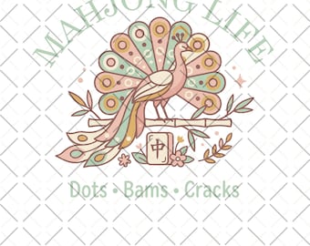 May include: A pastel-colored illustration featuring a peacock with a fanned tail, perched on a bamboo branch. The words "Mahjong Life" arc above the peacock, with "Dots, Bams, Cracks" below. A mahjong tile and floral accents complete the design.