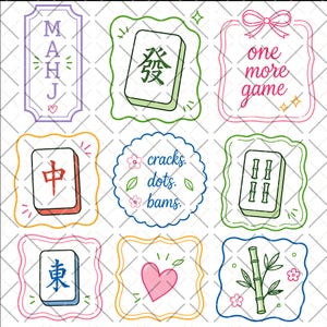 Könnte beinhalten: Eine Sammlung von neun quadratischen und runden Rahmen mit Illustrationen zum Thema Mahjong. Die Motive umfassen Mahjong-Steine mit chinesischen Schriftzeichen, einen Bambusstab, ein rosa Herz sowie den Text MAHJ, one more game und cracks, dots, bams.