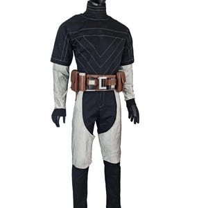 May include: A black and white costume on a mannequin. The outfit features a black top with white stitching, a brown belt with pouches, and black trousers with white accents. The mannequin stands on a grey base.