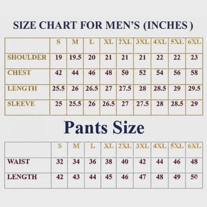 May include: A men's clothing size chart with measurements in inches. It details shoulder, chest, length, and sleeve sizes from S to 6XL. A separate section shows pants sizes, including waist and length measurements, also in inches.