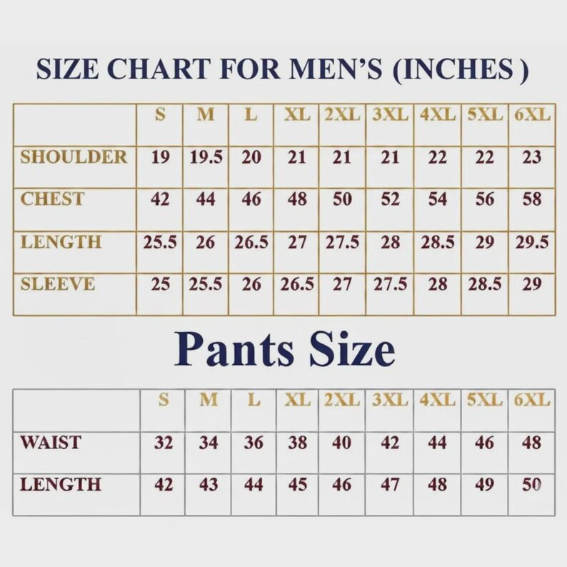 May include: A men's clothing size chart with measurements in inches. It details shoulder, chest, length, and sleeve sizes from S to 6XL. A separate section shows pants sizes, including waist and length measurements, also in inches.
