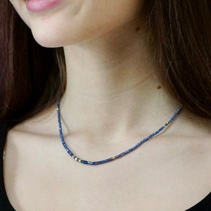 14k Solid Gold: Blue Sapphire Necklace, September Birthstone, Layered Necklace, Choker, Ultra Skinny Necklace, Delicate Beaded Gemstone image 1