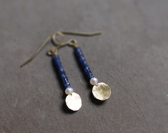 14k Solid Gold: Blue Sapphire and Pearl Earrings, September Birthstone, Beaded Earrings, Fine Jewelry Artisan, Drop, Skinny Earrings,