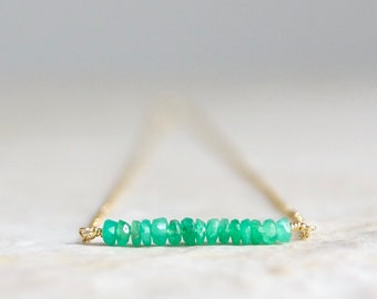 14K Solid Gold: Colombian Emerald Beaded Bar Necklace, Choker, Genuine, Real Emerald, AAA, Highest Quality Emerald, Dainty Delicate Necklace