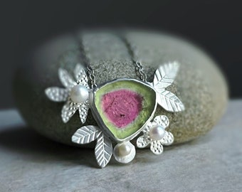 Watermelon Tourmaline Pendant Necklace/Silver Floral Necklace/Bicolor Tourmaline/Pink Green Quartz/Artisan Jewelry
